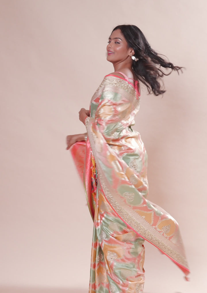 Peach Stonework Banarasi Silk Saree