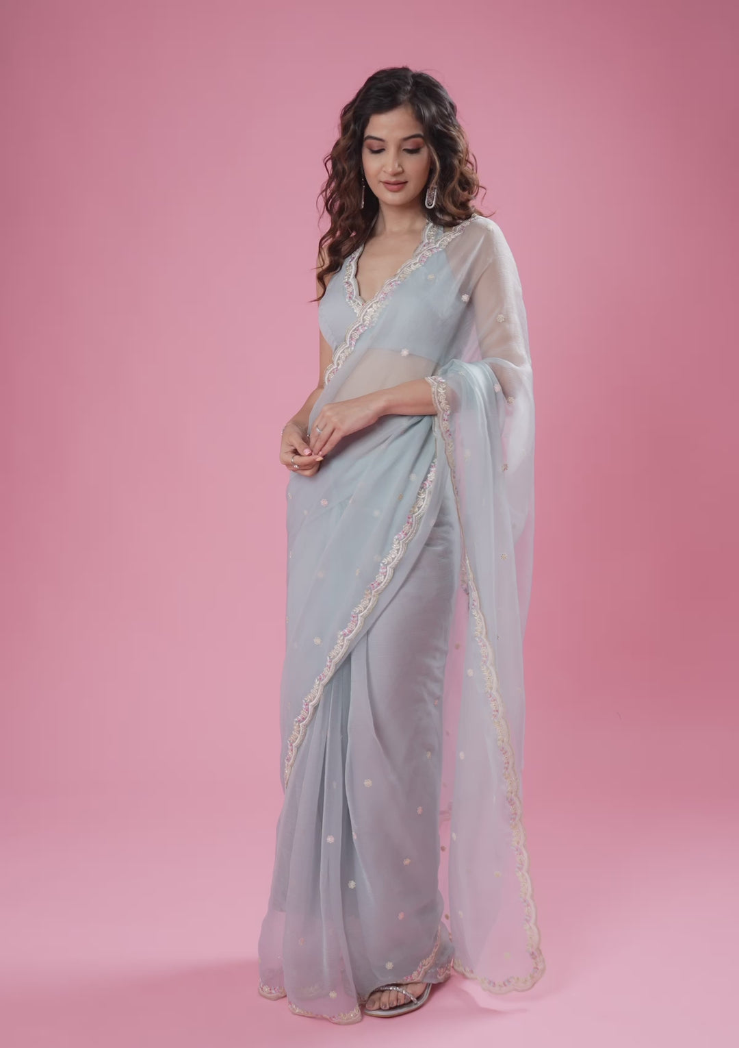 Sky Blue Silver Stonework Tissue Saree