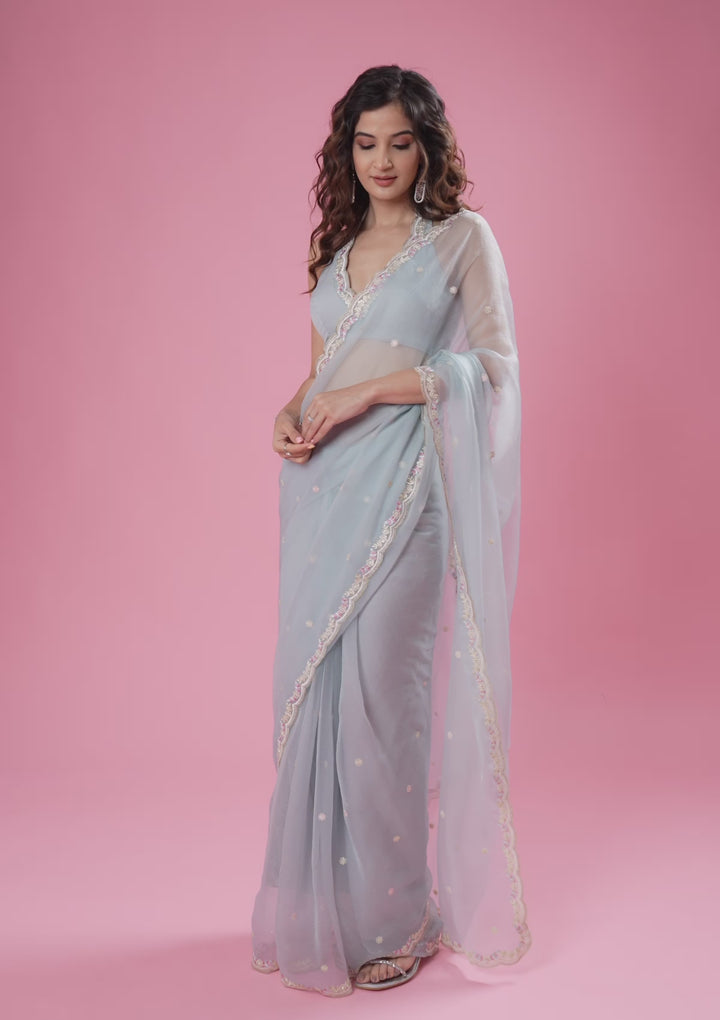 Sky Blue Silver Stonework Tissue Saree