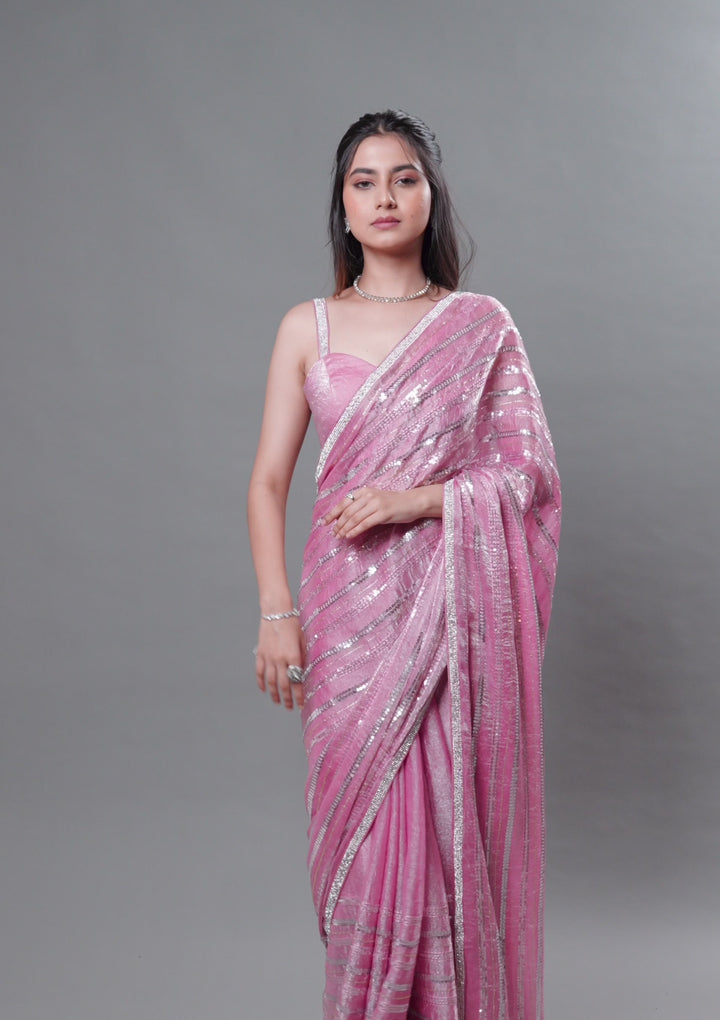 Onion Pink Sequins Semi Crepe Saree