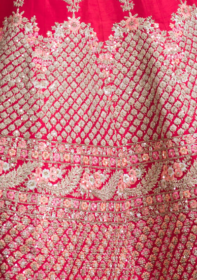 Coral Pink Pearl Embellished Designer Bridal Lehenga-Koskii