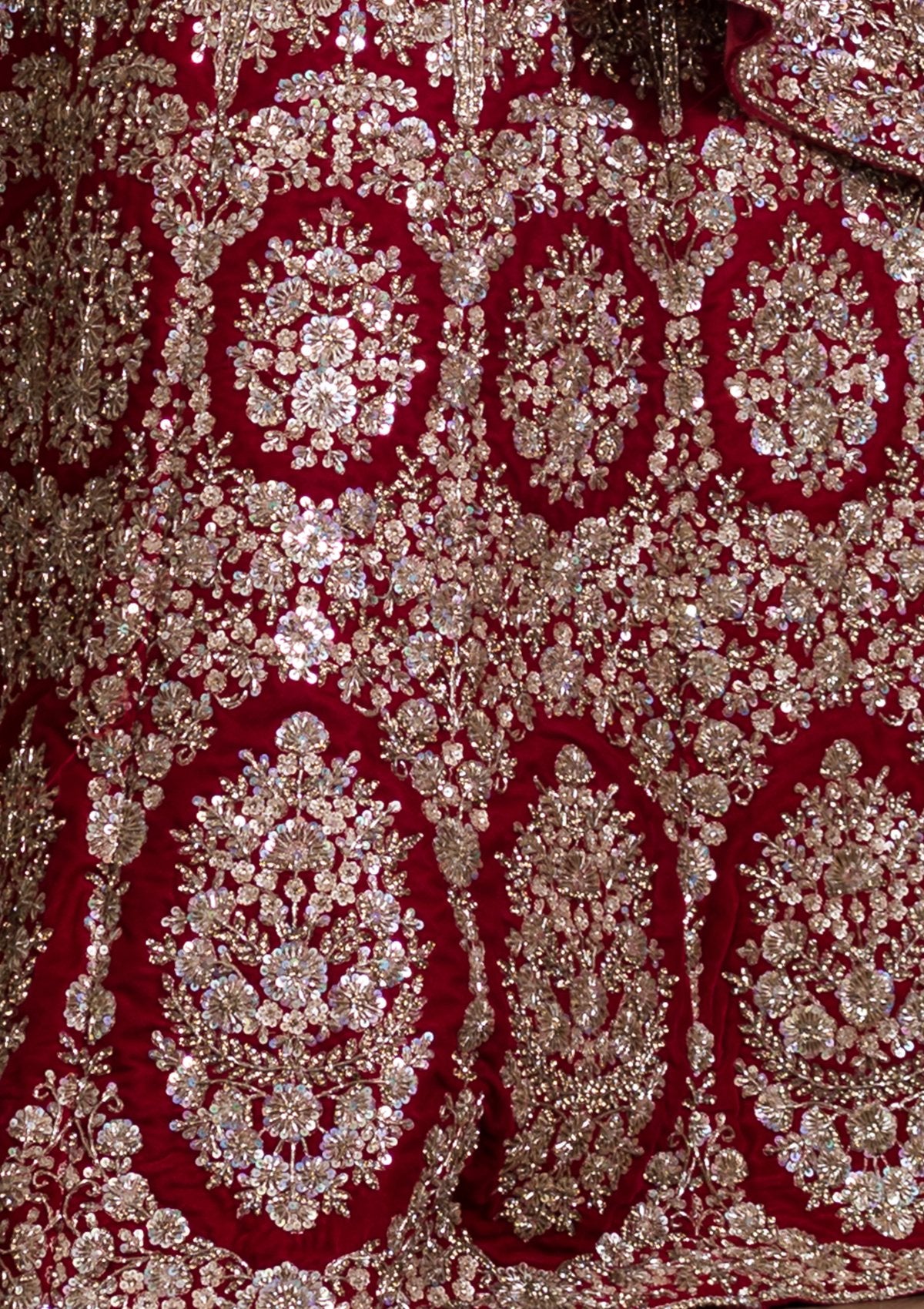 Red Thread Work Velvet Bridal Designer Lehenga-Koskii