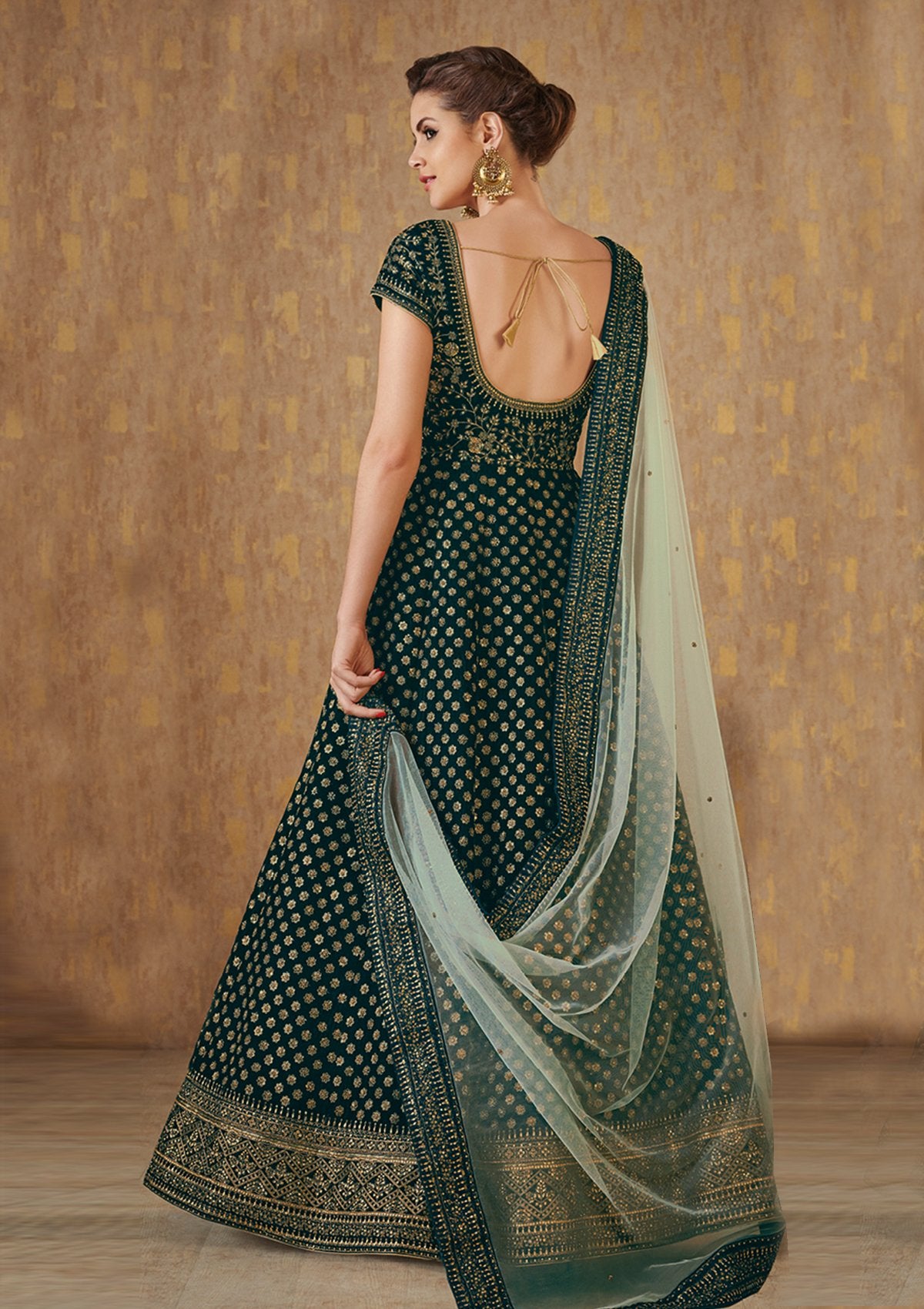 Peacock Green Velvet Designer Gown-Koskii