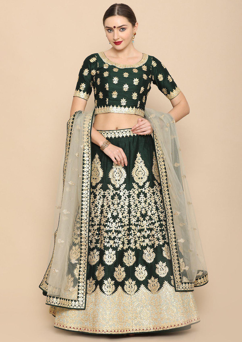 Bottle Green Gota Patti Net Designer Lehenga-Koskii