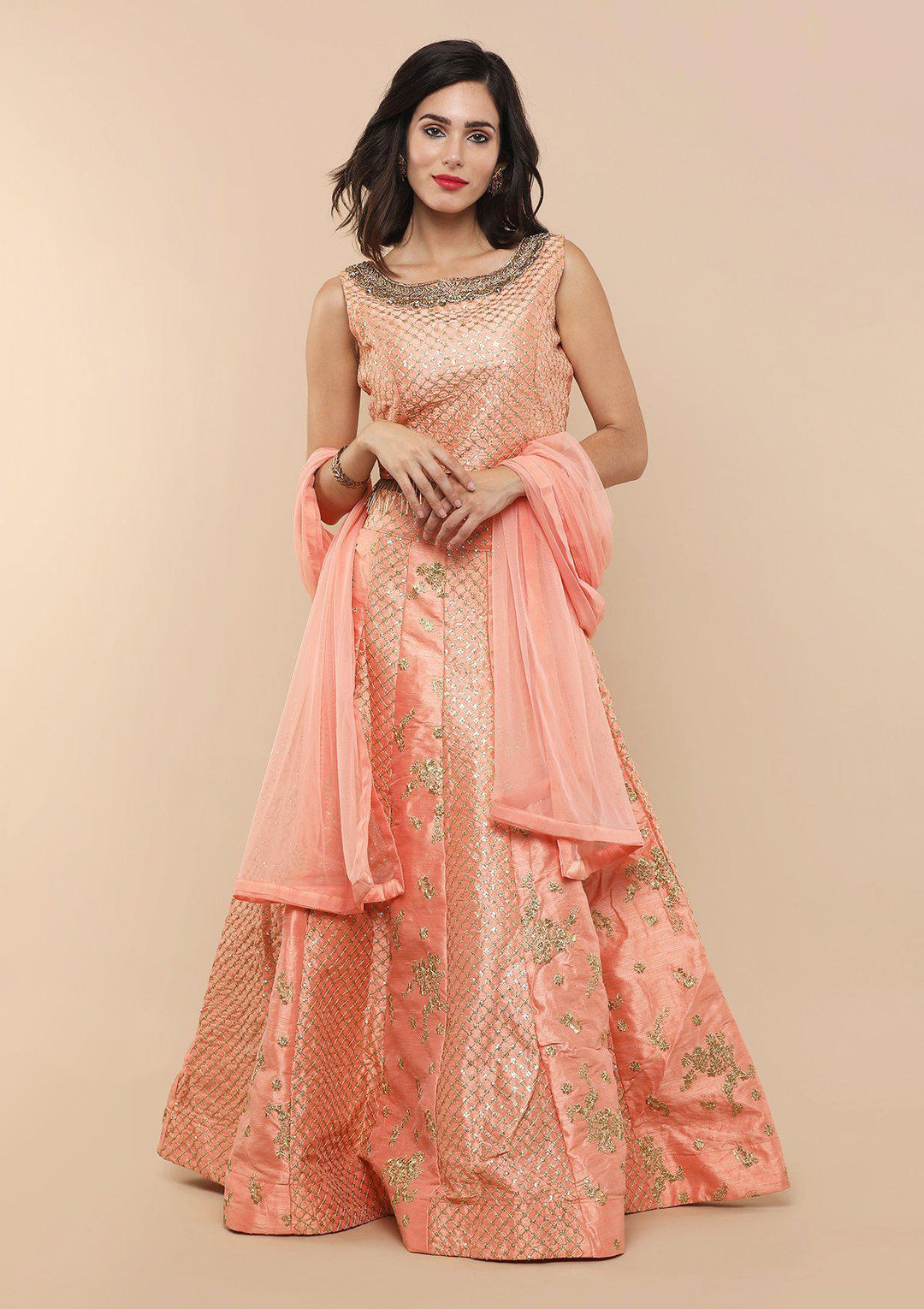 Peach Zari Work Silk Designer Lehenga-Koskii