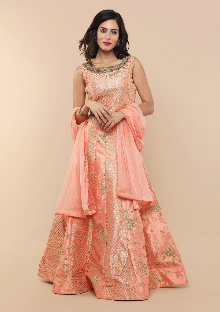 Peach Zari Work Silk Designer Lehenga-Koskii