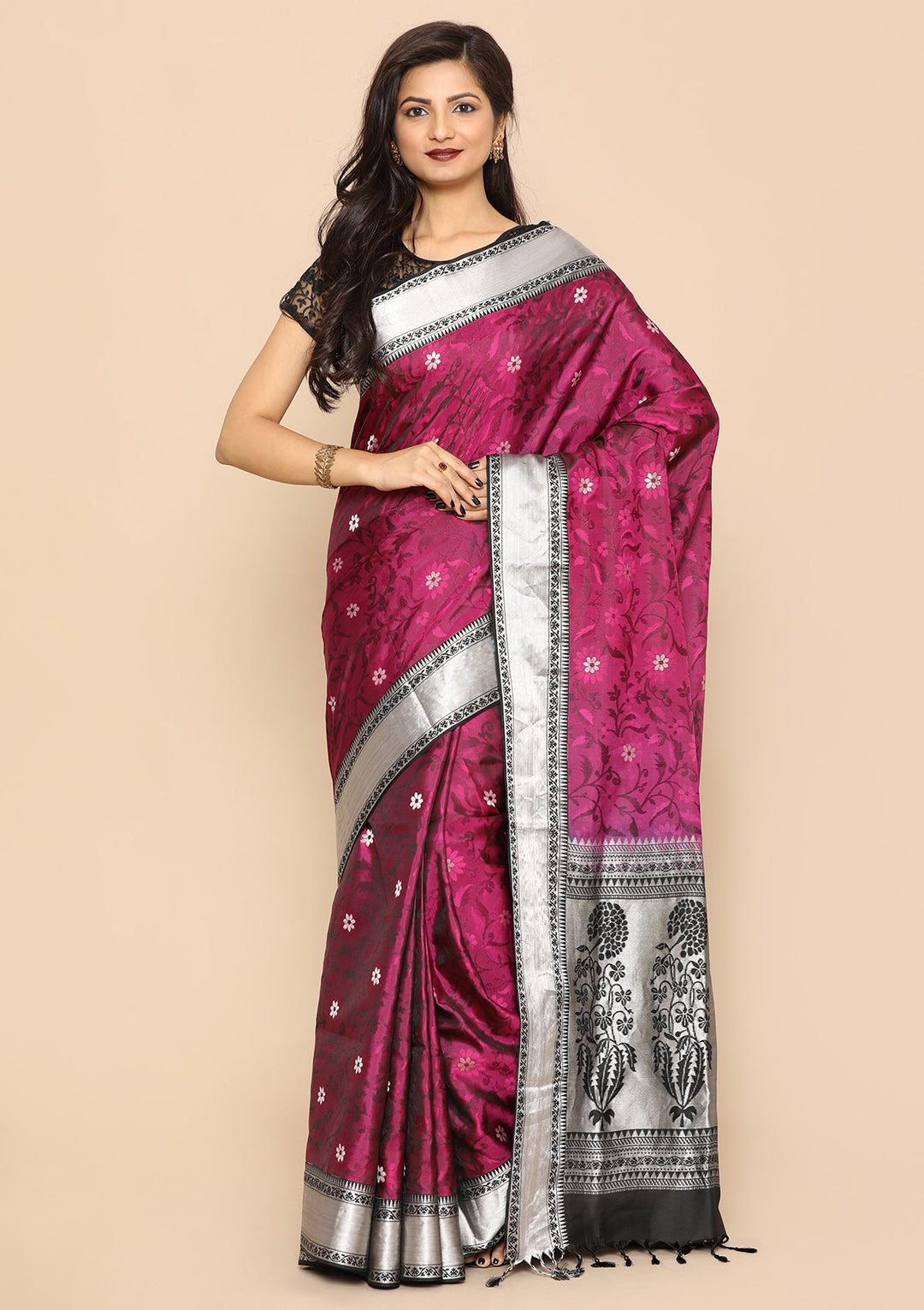 Purple and Silver Handmade Saree-Koskii