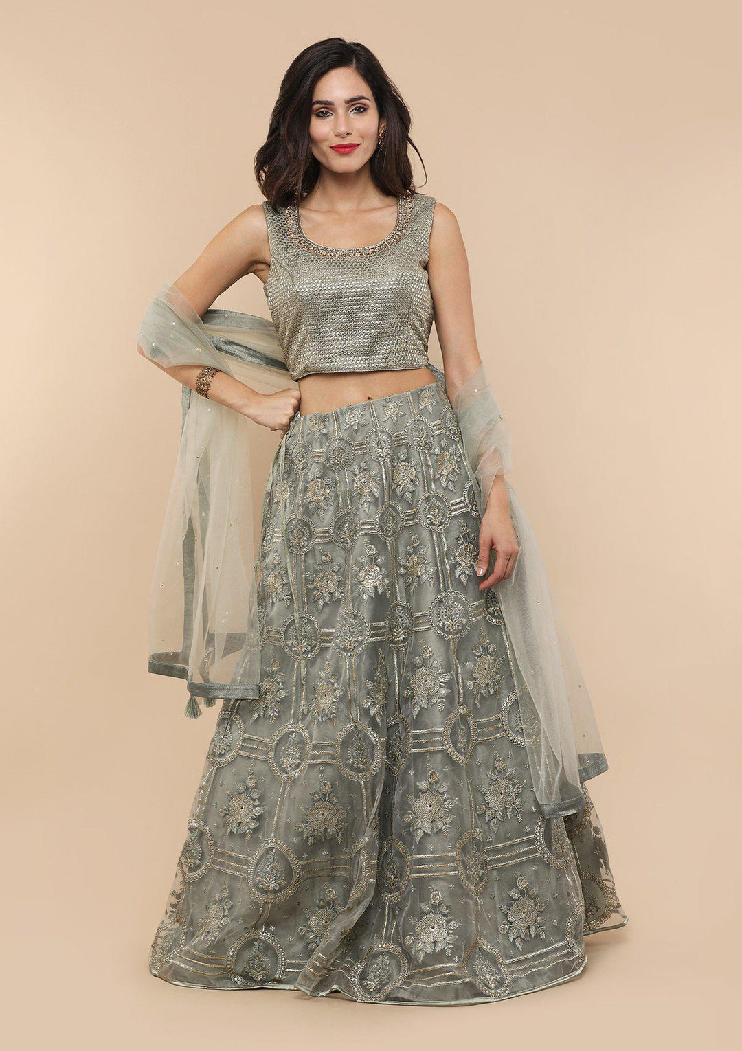 Teal Green Thread Work Net Designer Lehenga-Koskii