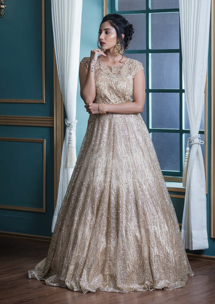 Beige Bead Work Net Designer Gown-Koskii