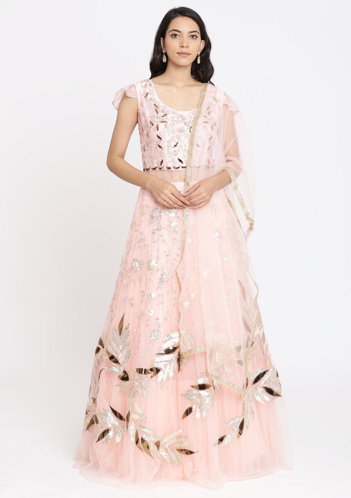 Peach Cutdana Net Designer Gown-Koskii