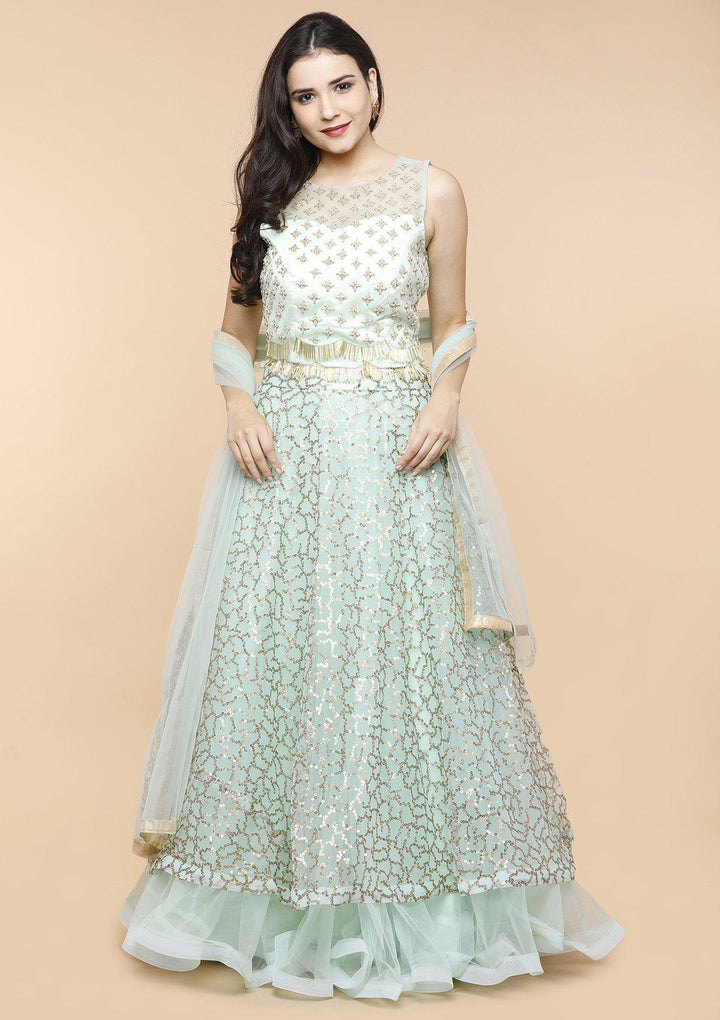 Sea Green Sequinned Designer Lehenga-Koskii