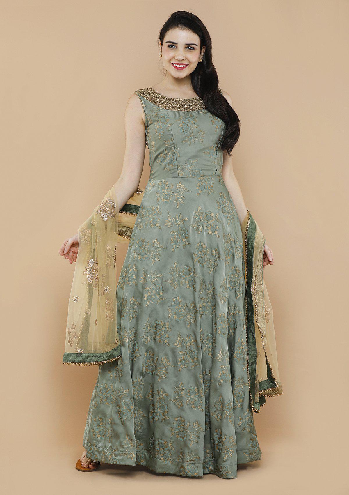Teal Cut Work Brocade Designer gown-Koskii