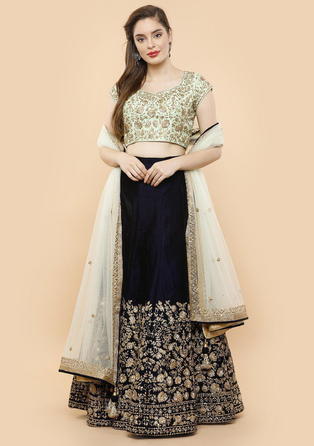 KOSKII VELVET green and midnight blue bridal lehenga-Koskii