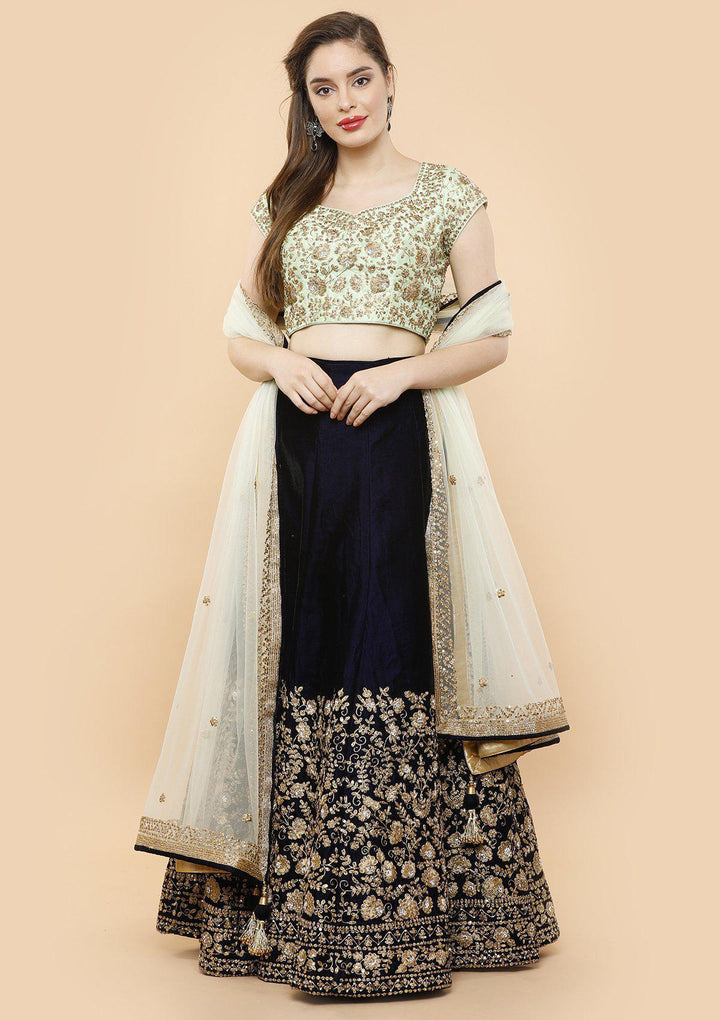 KOSKII VELVET green and midnight blue bridal lehenga-Koskii