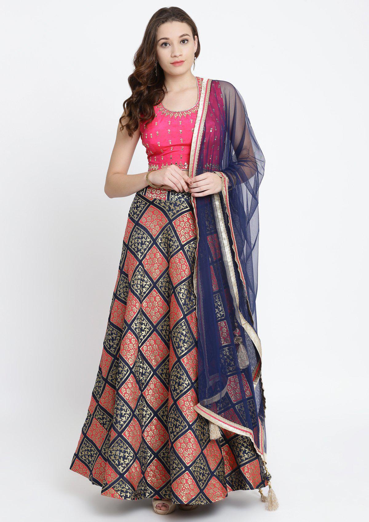 Navy Blue and Fuschia Mirrorwork Brocade Designer Lehenga-Koskii
