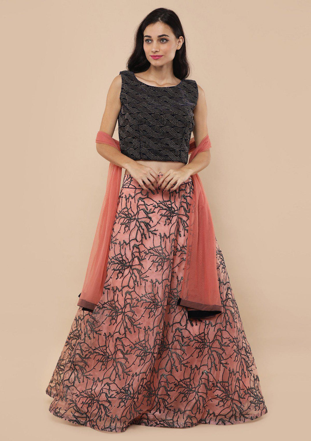 Pink Zari Work Velvet Net Lehenga-Koskii