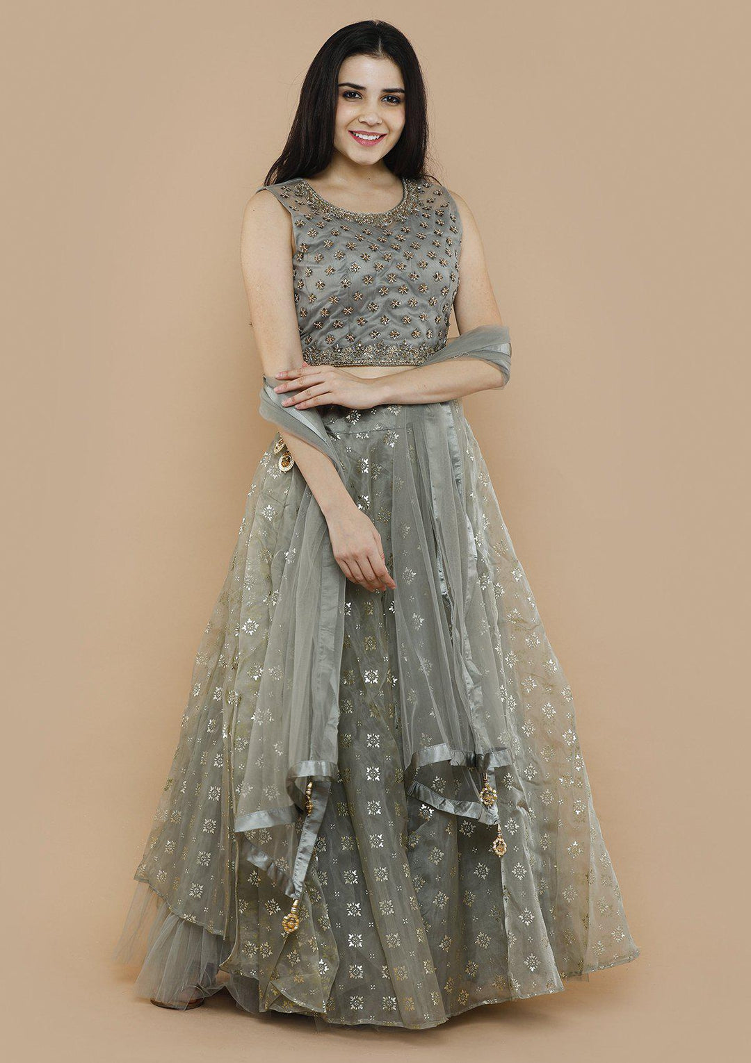 Grey Tissue Silk Net Designer Lehenga-Koskii