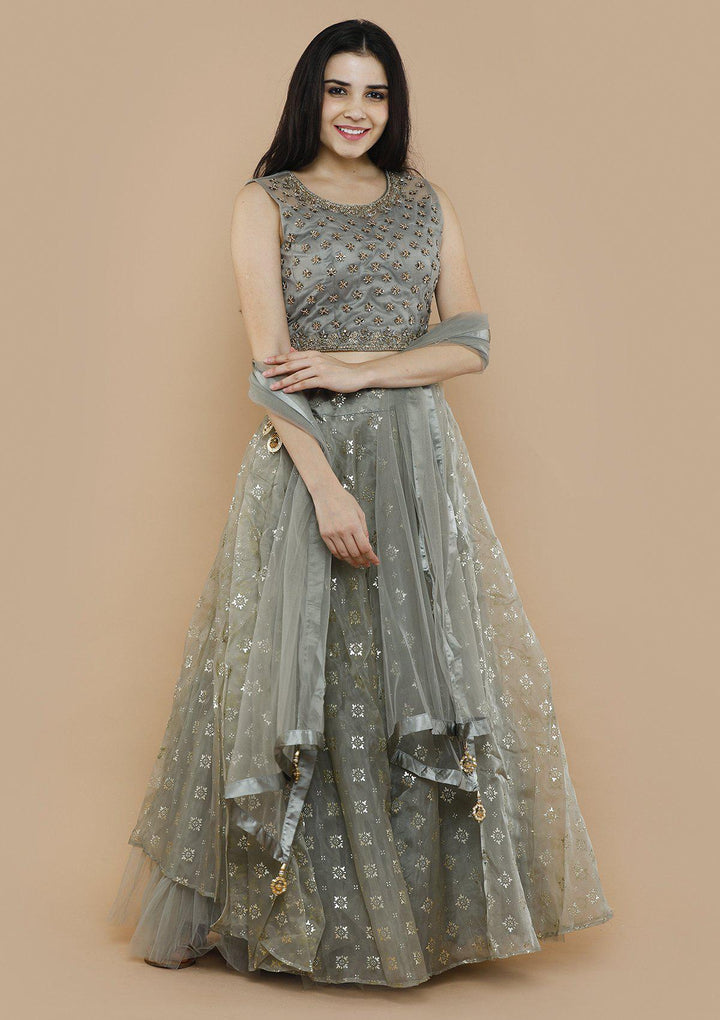 Grey Tissue Silk Net Designer Lehenga-Koskii