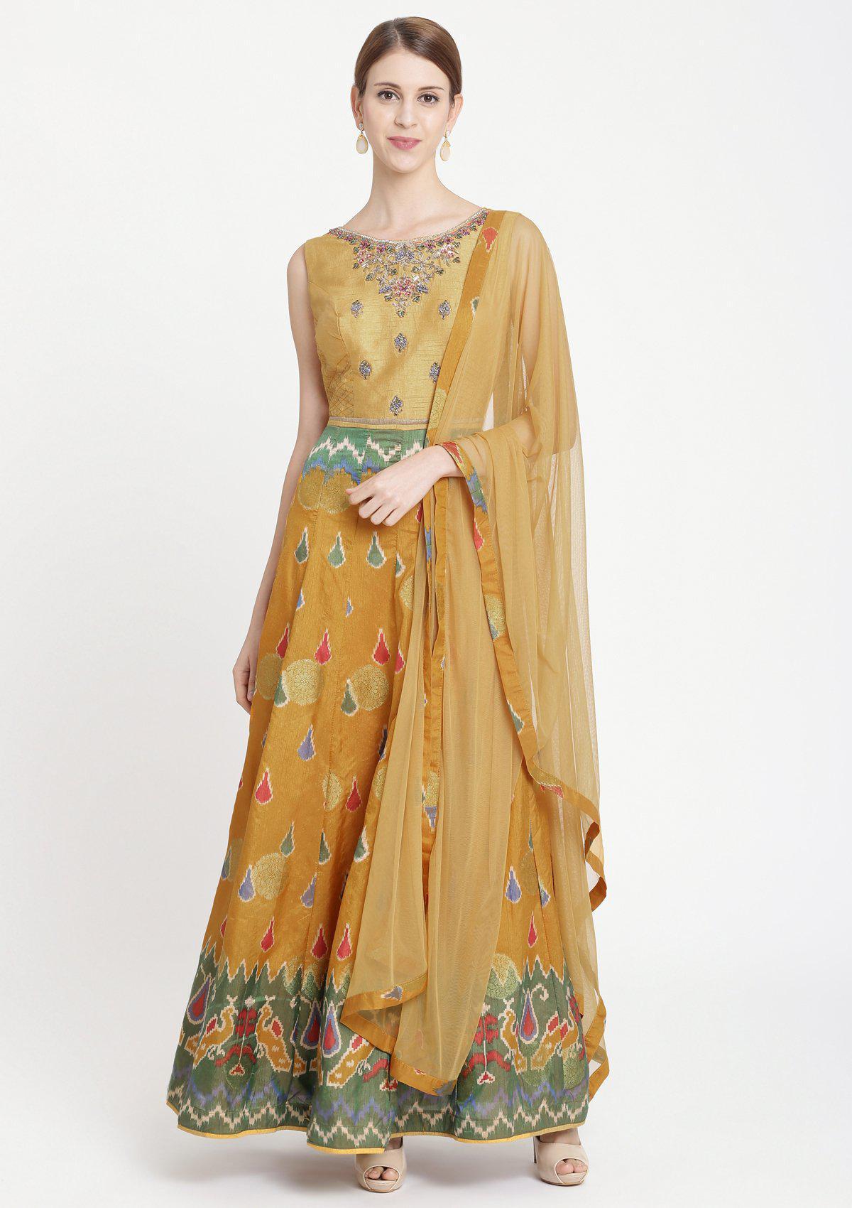 Mustard Stonework Banarasi Designer Gown-Koskii