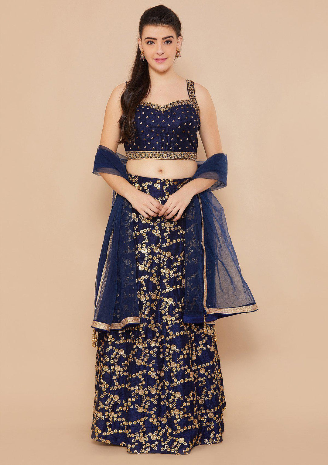 Koskii Stonework Rawsilk Blue Lehenga-Koskii