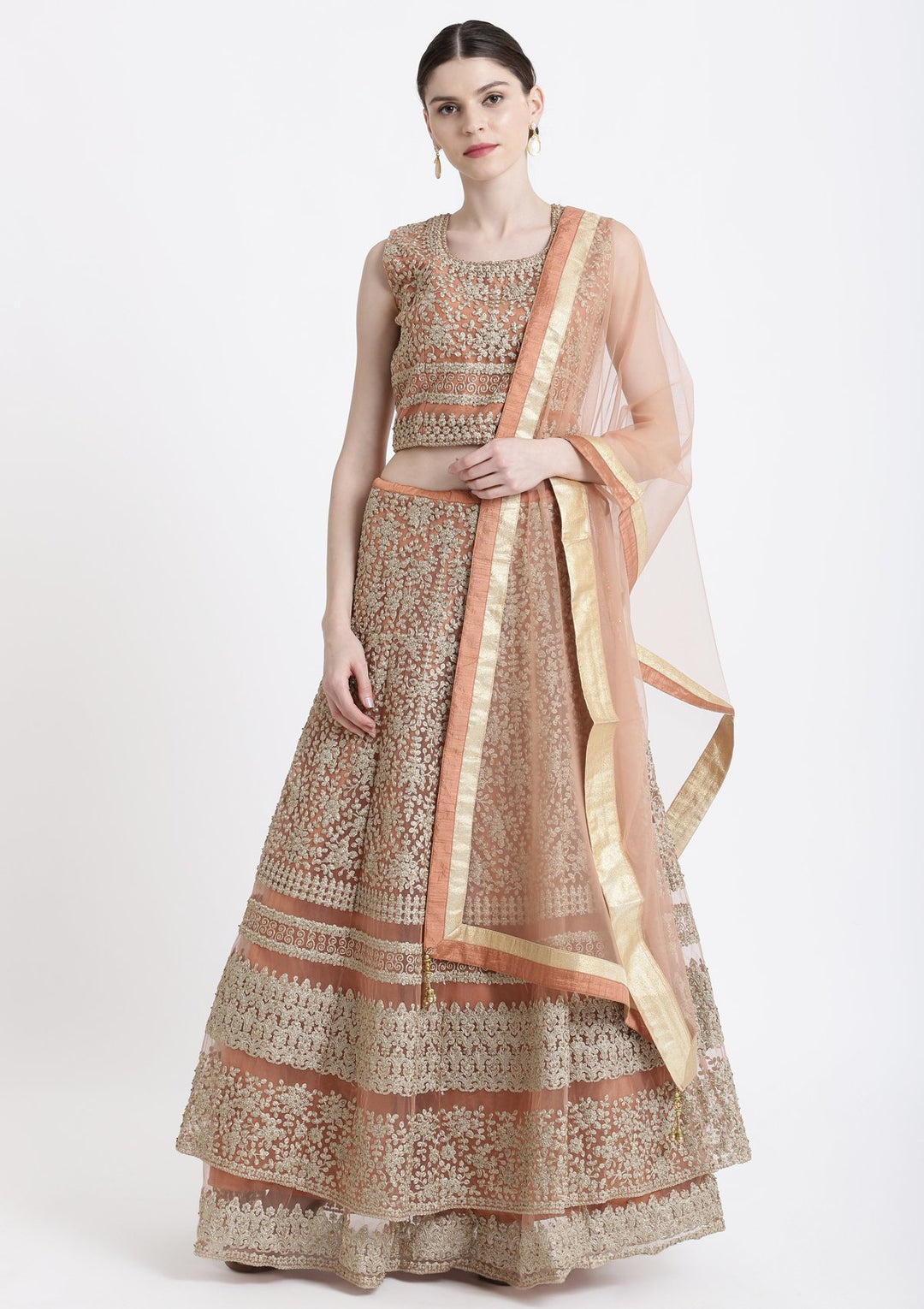 Peach Zariwork Net Designer Lehenga-Koskii