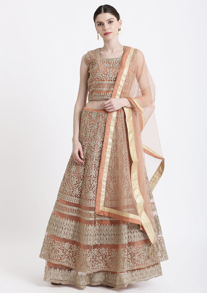 Peach Zariwork Net Designer Lehenga-Koskii