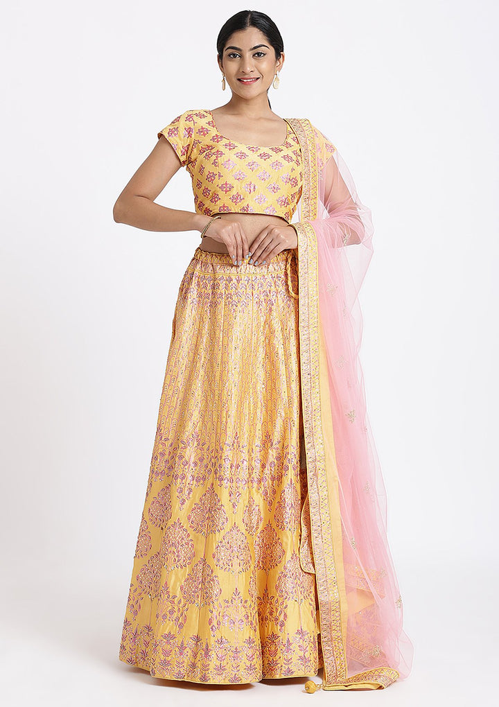 Yellow Sequinned Raw Silk Designer Lehenga-Koskii