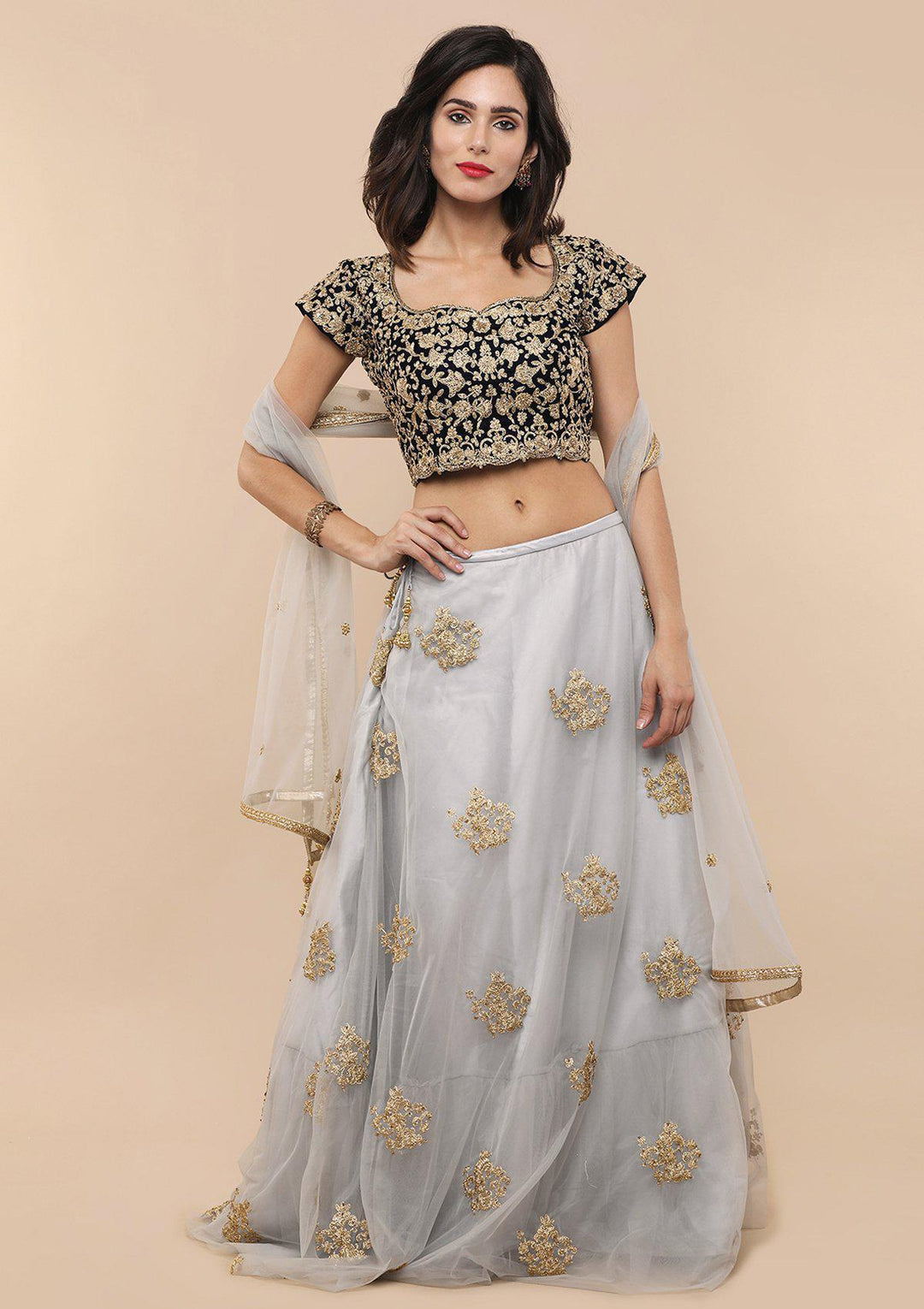 Grey Thread Work Velvet Designer Lehenga-Koskii
