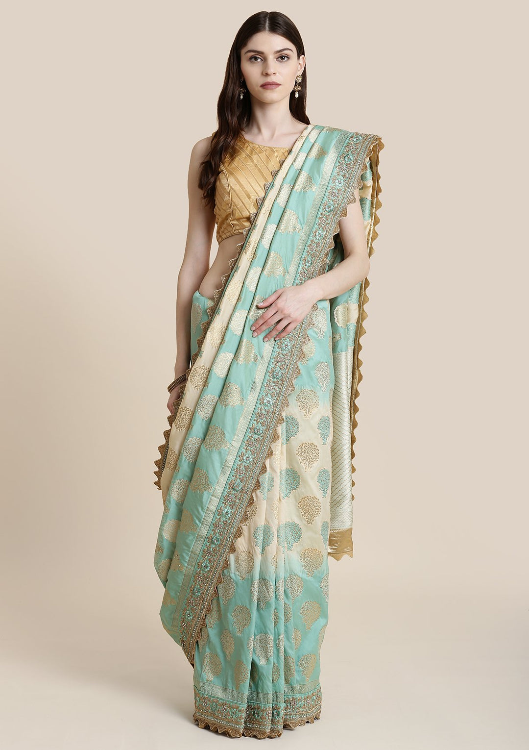 Sea Green Zariwork Brocade Designer Saree-Koskii