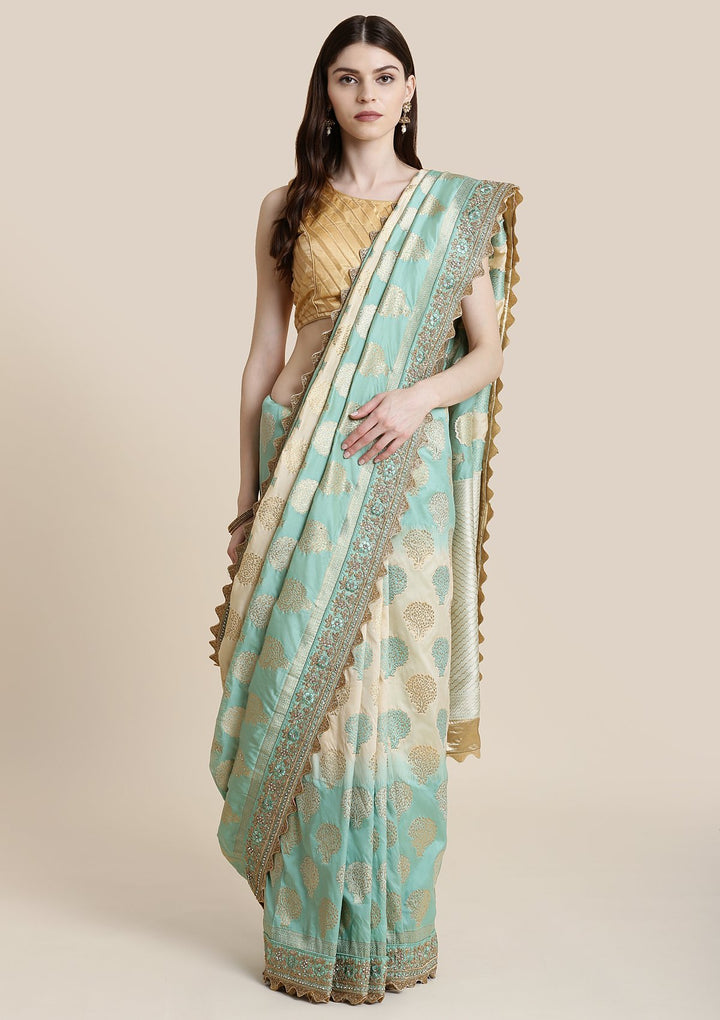 Sea Green Zariwork Brocade Designer Saree-Koskii