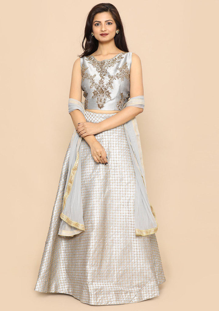Grey Bead Work Silk Designer Lehenga-Koskii