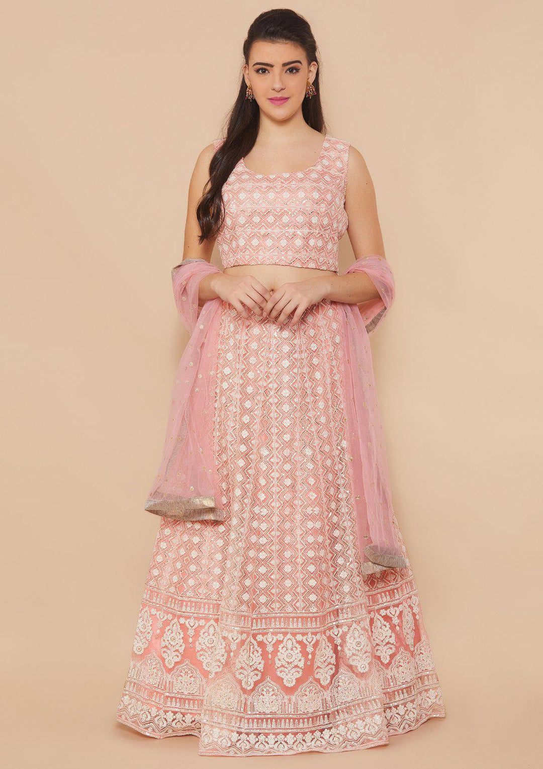 Pink Thread-Work Net Designer Lehenga-Koskii