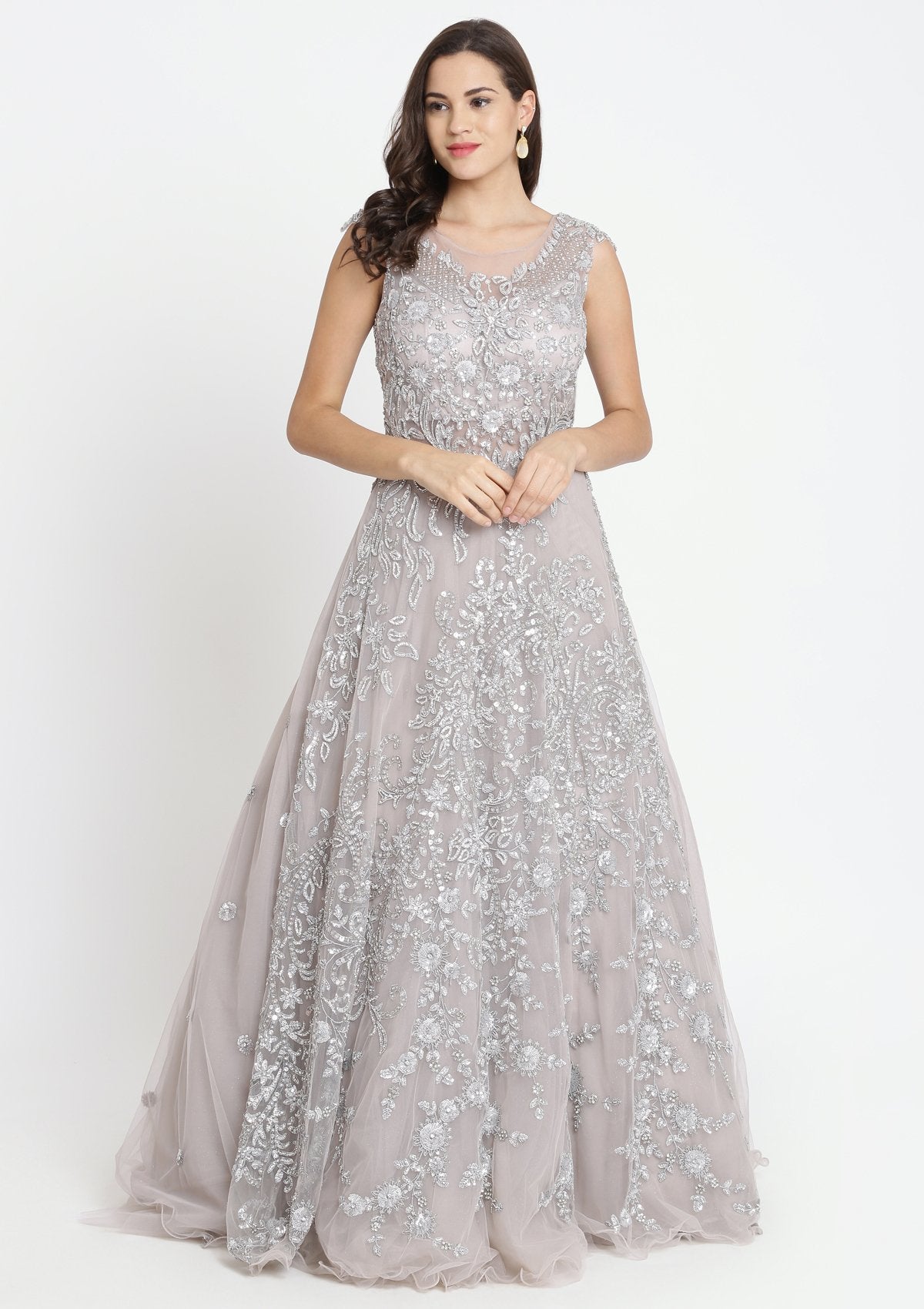 Grey Sequinned Net Designer Gown-Koskii