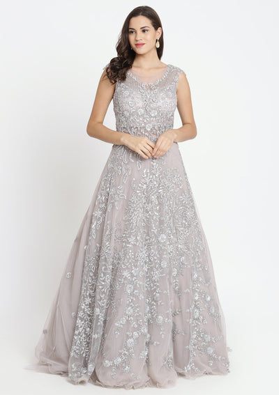 Grey Sequinned Net Designer Gown-Koskii