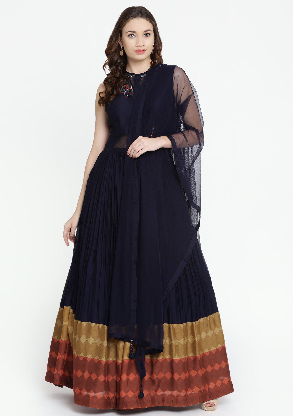 Navy Blue Stonework Georgette Designer Gown-Koskii