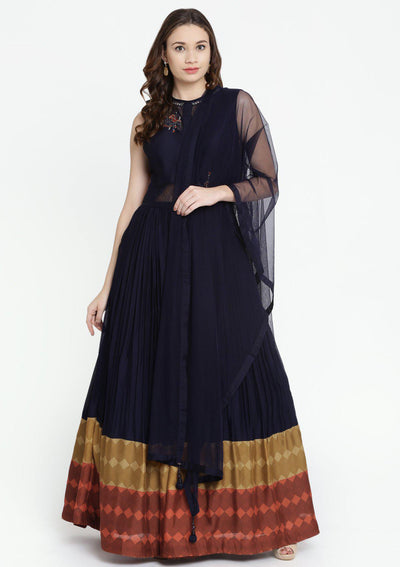 Navy Blue Stonework Georgette Designer Gown-Koskii
