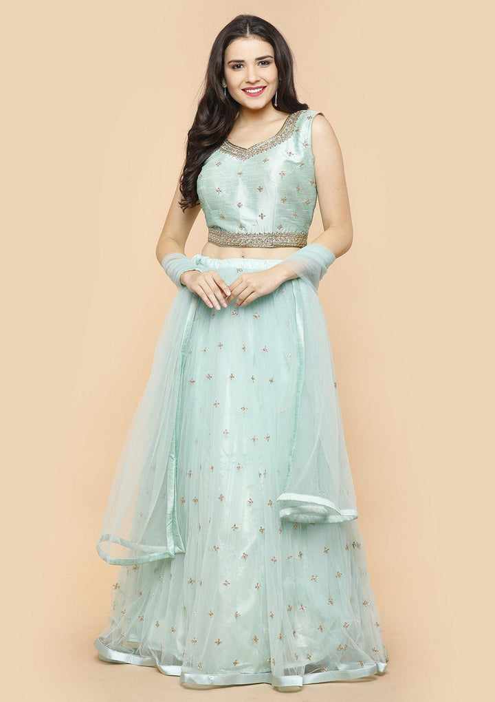 Sea Green Embellished Silk Designer Lehenga-Koskii