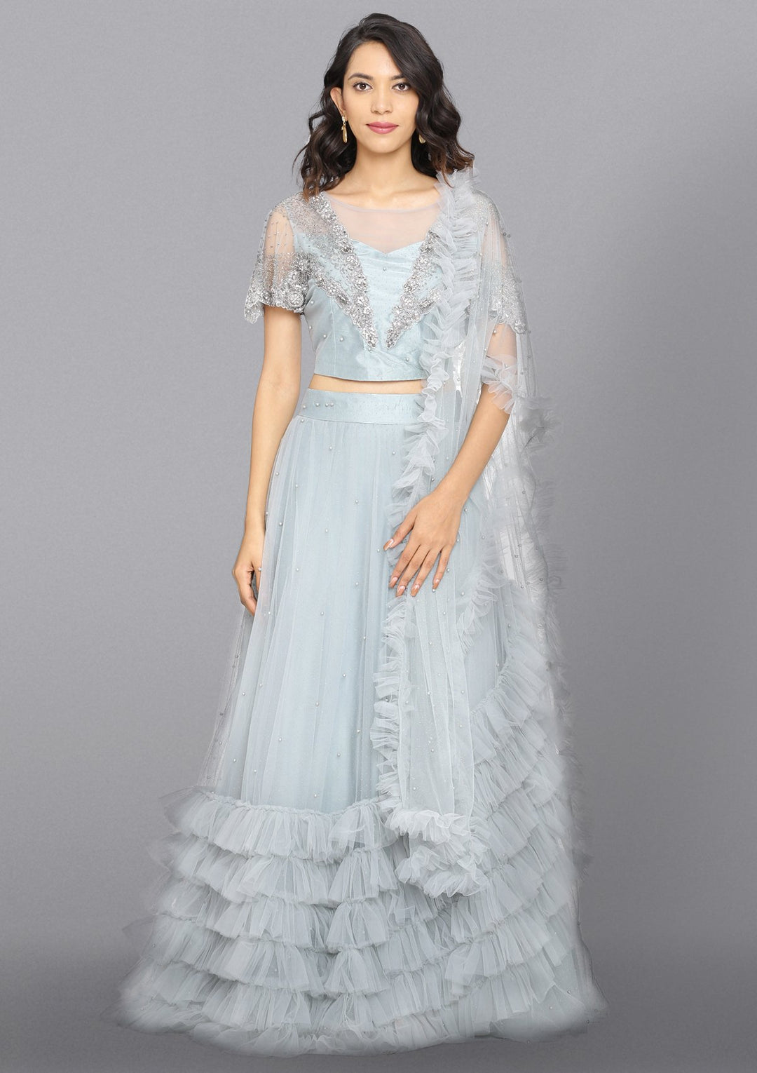 Light Grey Cutdana Net Designer Lehenga-Koskii