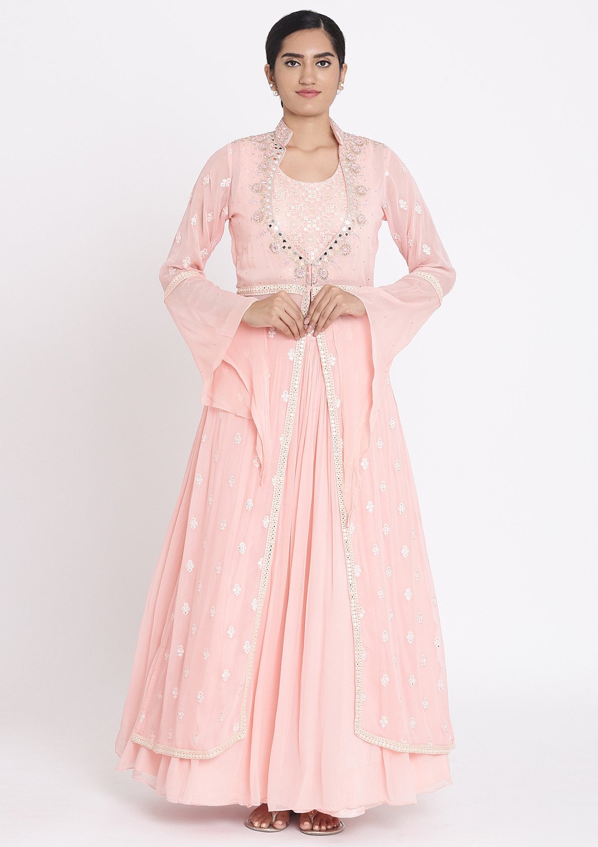 Pink Mirrorwork Georgette Designer Lehenga - koskii