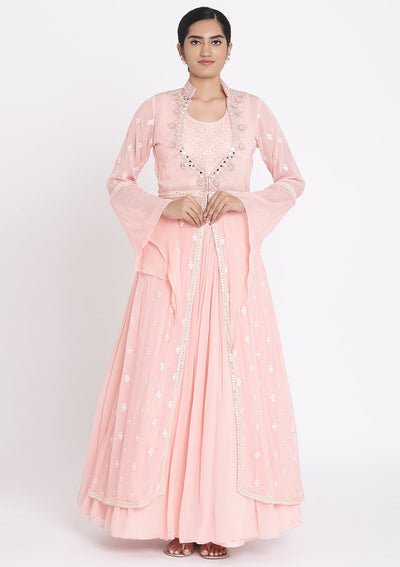 Pink Mirrorwork Georgette Designer Lehenga - koskii