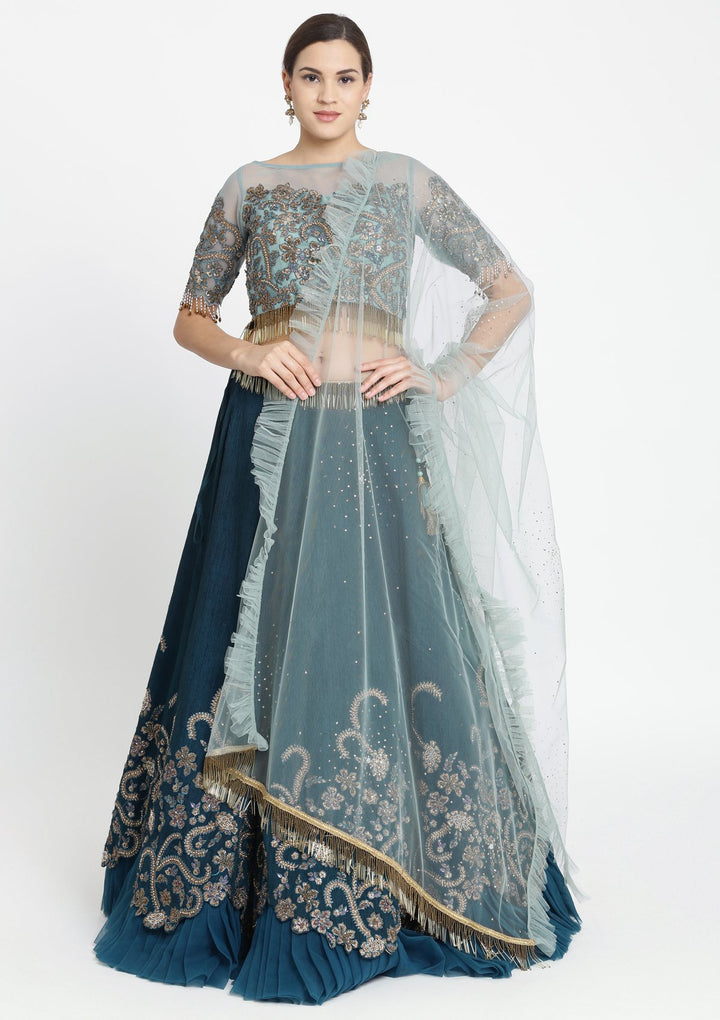 Peacock Blue Zariwork Raw Silk Designer Lehenga-Koskii