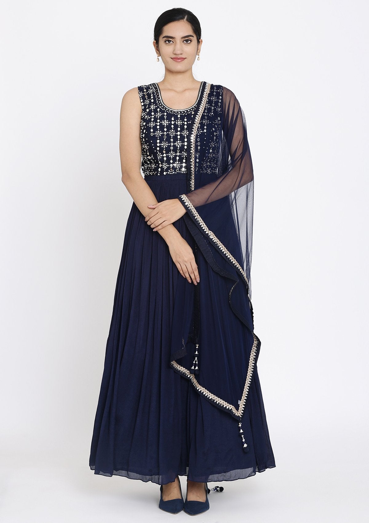 Navy Blue Mirrorwork Georgette Designer Gown - koskii