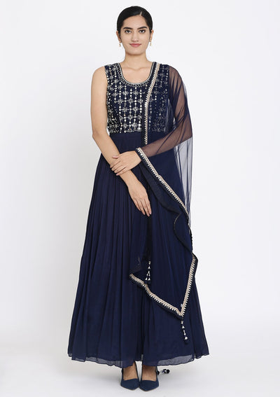 Navy Blue Mirrorwork Georgette Designer Gown - koskii