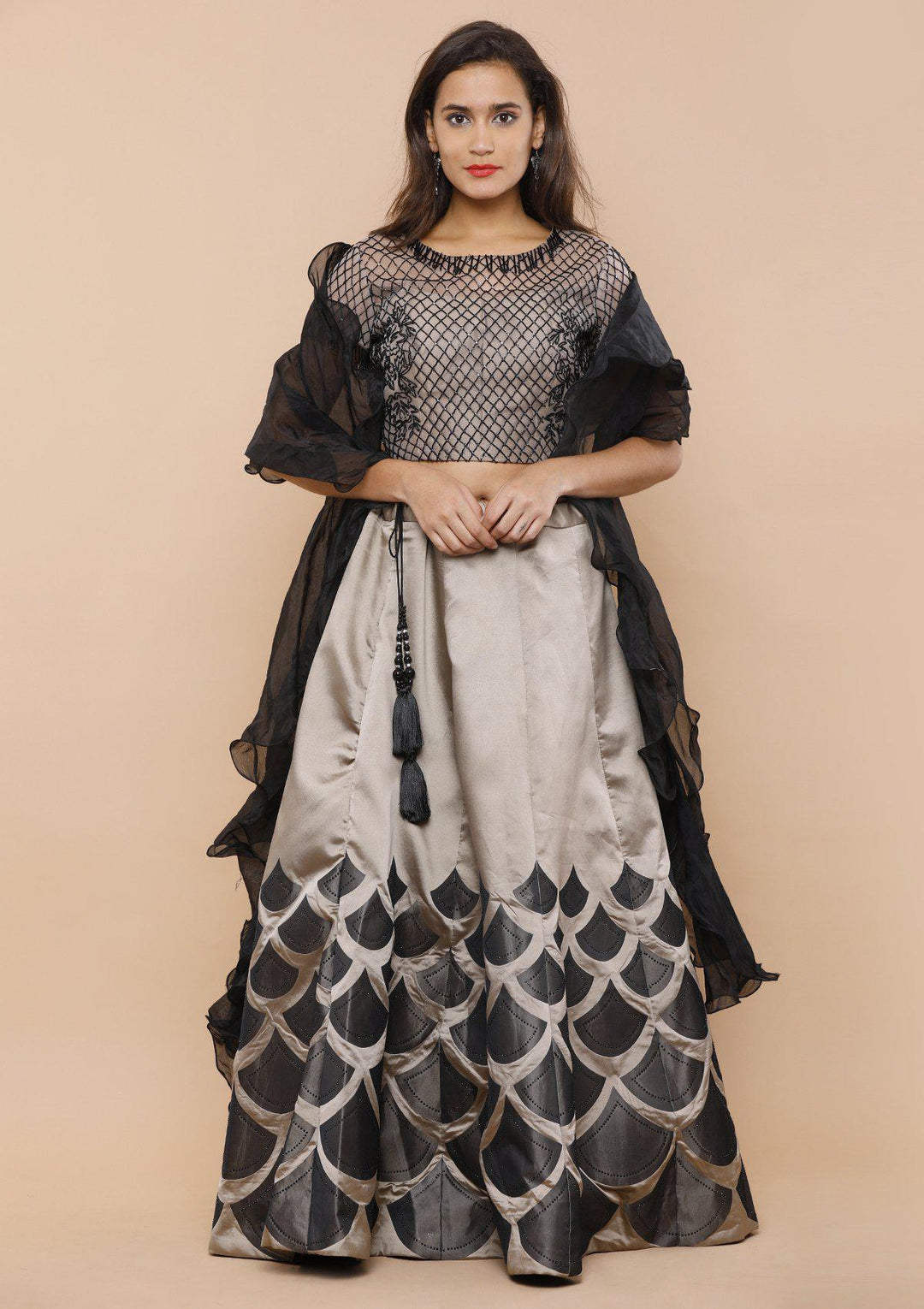 Grey Black Cutdana Silk Designer Lehenga-Koskii