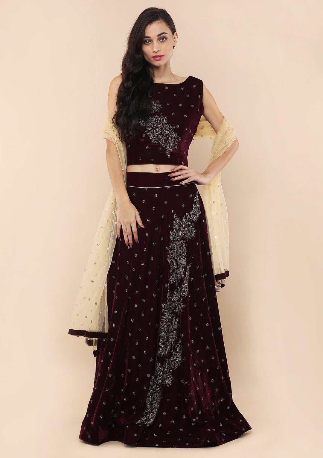 Red Wine Micro Stone Velvet Designer Lehenga-Koskii