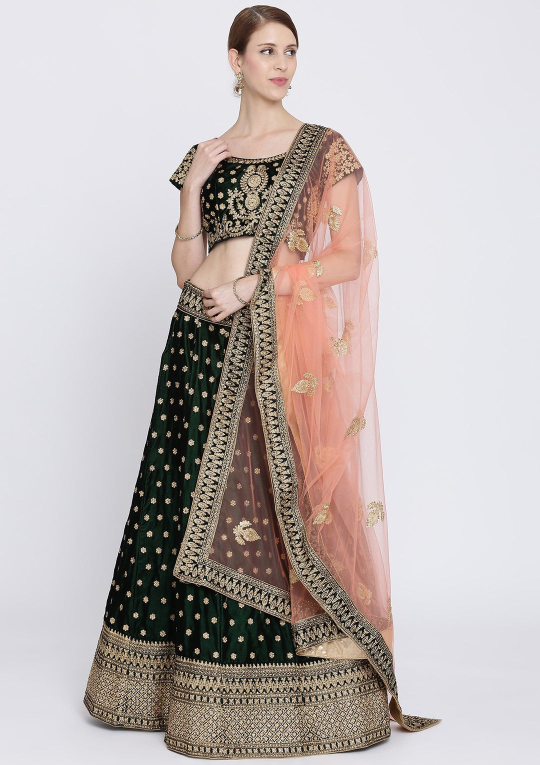 Bottle Green Zariwork Velvet Designer Lehenga-Koskii