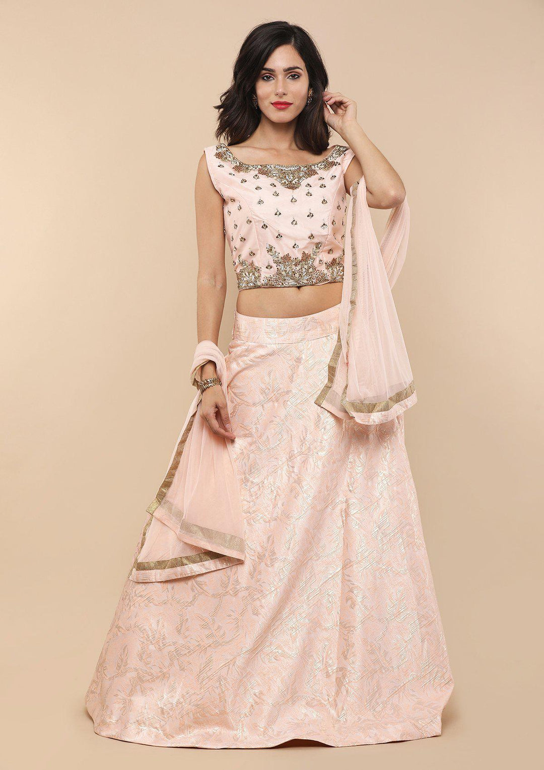 Peach Embellished Brocade Designer Lehenga-Koskii