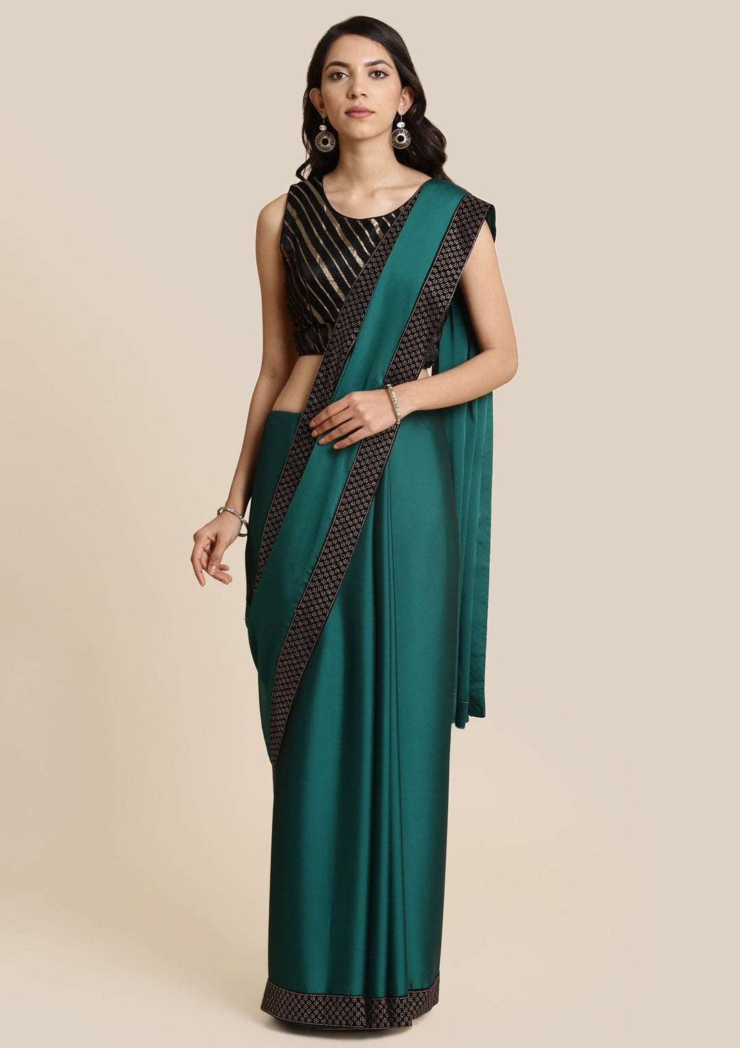 Bottle Green Swarovski Georgette Designer Saree-Koskii