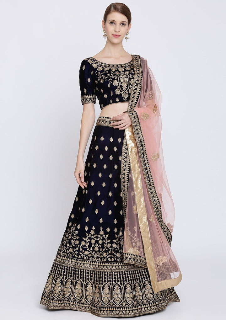 Navy Blue Zariwork Velvet Designer Lehenga-Koskii