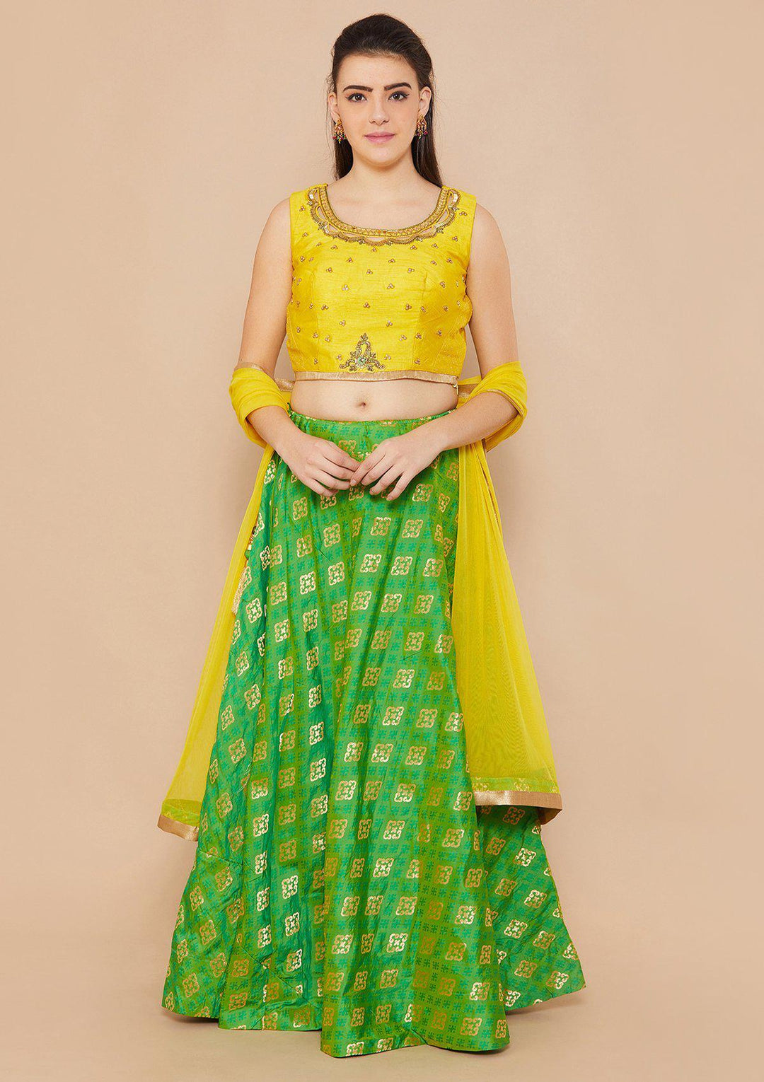 Koskii Stonework Rawsilk GREEN YELLOW Lehenga-Koskii
